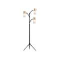 **Technische titel in het Nederlands: Moderne vloerlamp met drie glazen lampenkappen en zwart-gouden afwerking**