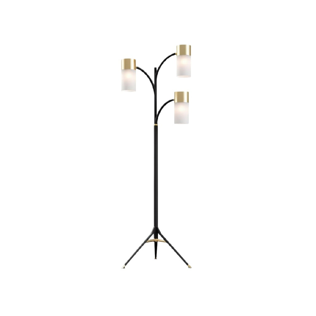 **Technische titel in het Nederlands: Moderne vloerlamp met drie glazen lampenkappen en zwart-gouden afwerking**