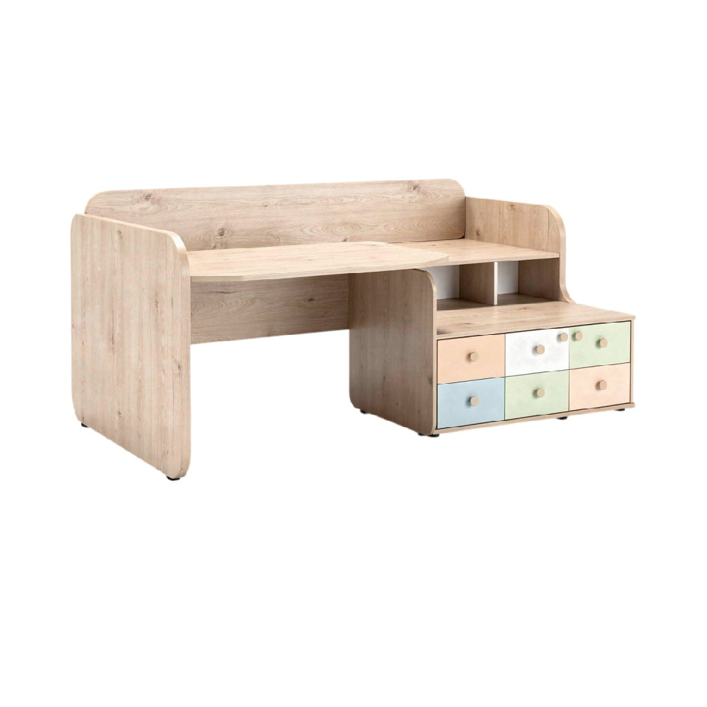 Technische titel in het Nederlands: **Moderne bureau met lades in natuurlijk hout**